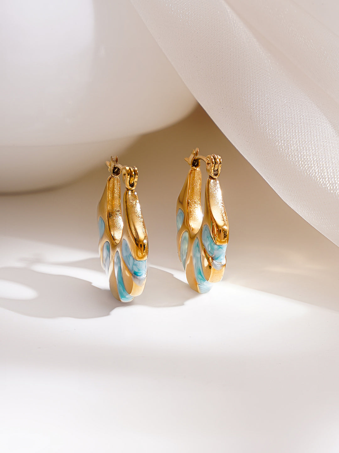 Demi Fine 18K Gold Plated Stainless steel Turquoise Enamel Pattern Hoops Earrings