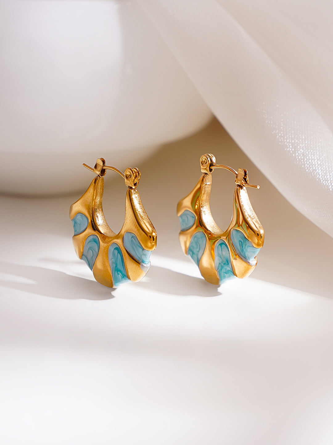 Demi Fine 18K Gold Plated Stainless steel Turquoise Enamel Pattern Hoops Earrings