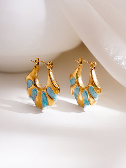 Demi Fine 18K Gold Plated Stainless steel Turquoise Enamel Pattern Hoops Earrings