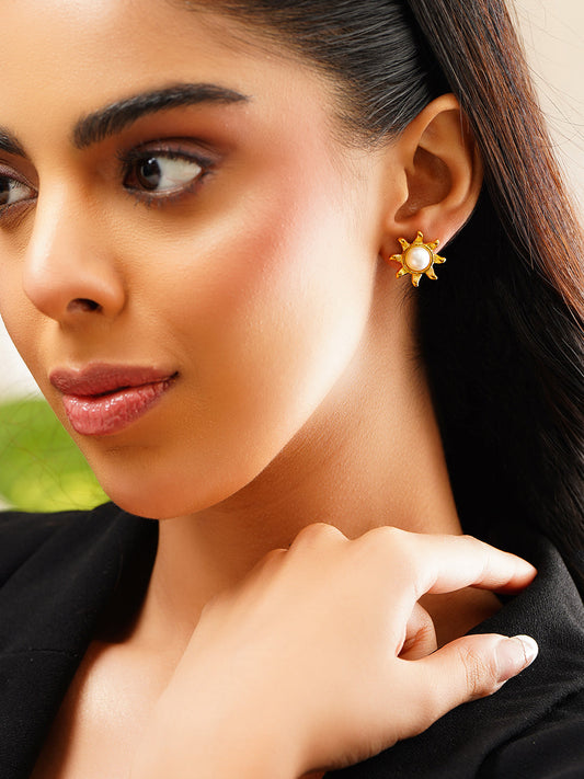 Demi Fine 18K Gold Plated Stainless Steel Pearl Sunburst Stud Earrings