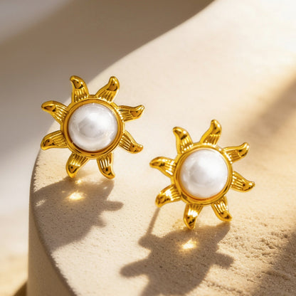 Demi Fine 18K Gold Plated Stainless Steel Pearl Sunburst Stud Earrings