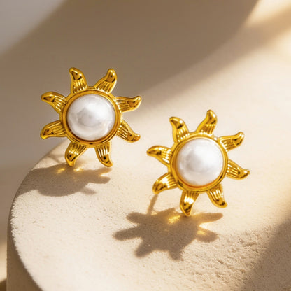 Demi Fine 18K Gold Plated Stainless Steel Pearl Sunburst Stud Earrings
