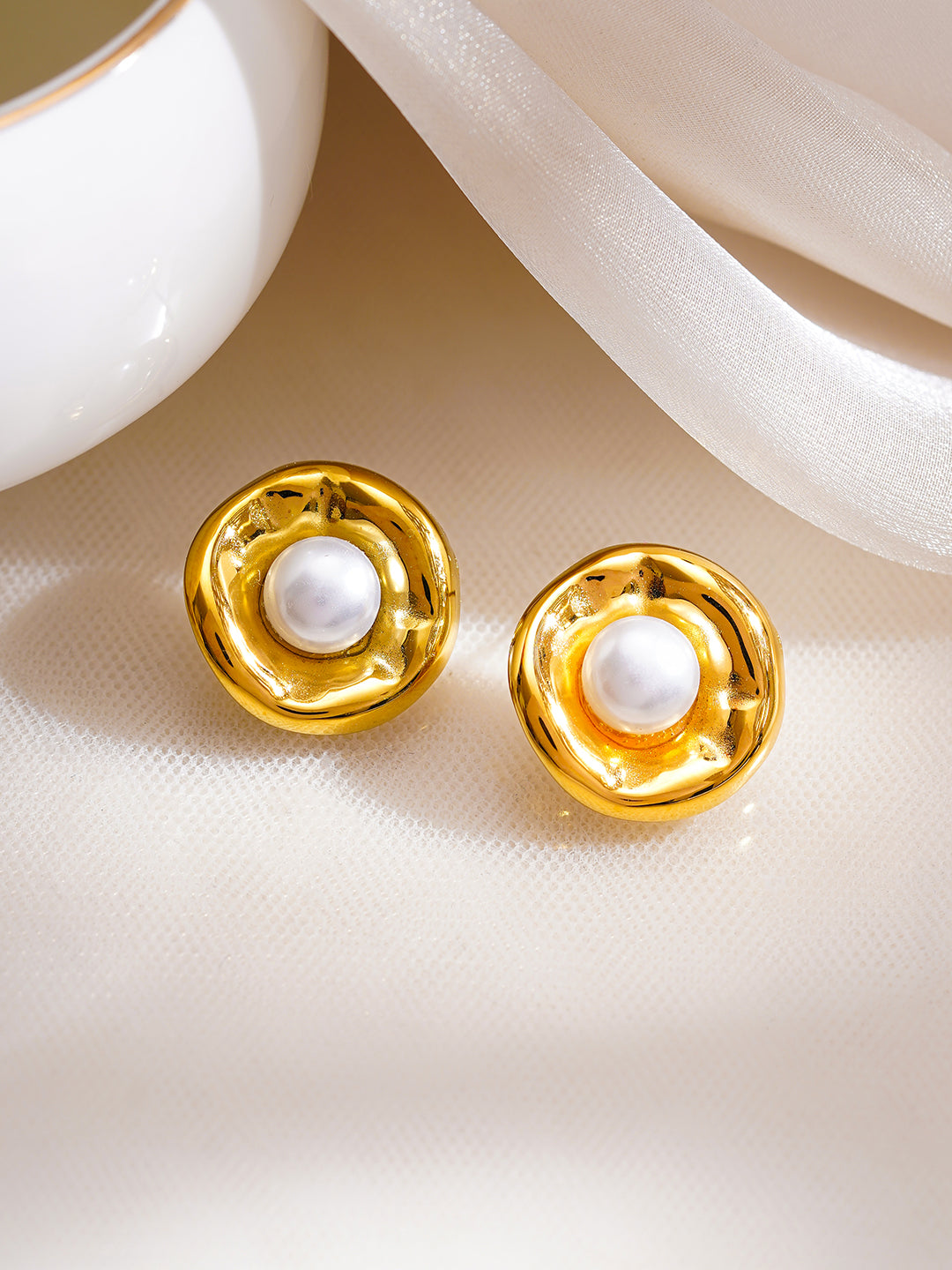 Demi Fine 18K Gold Plated Stainless Steel Sculpted Pearl Stud Earrings