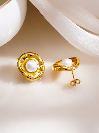 Demi Fine 18K Gold Plated Stainless Steel Sculpted Pearl Stud Earrings