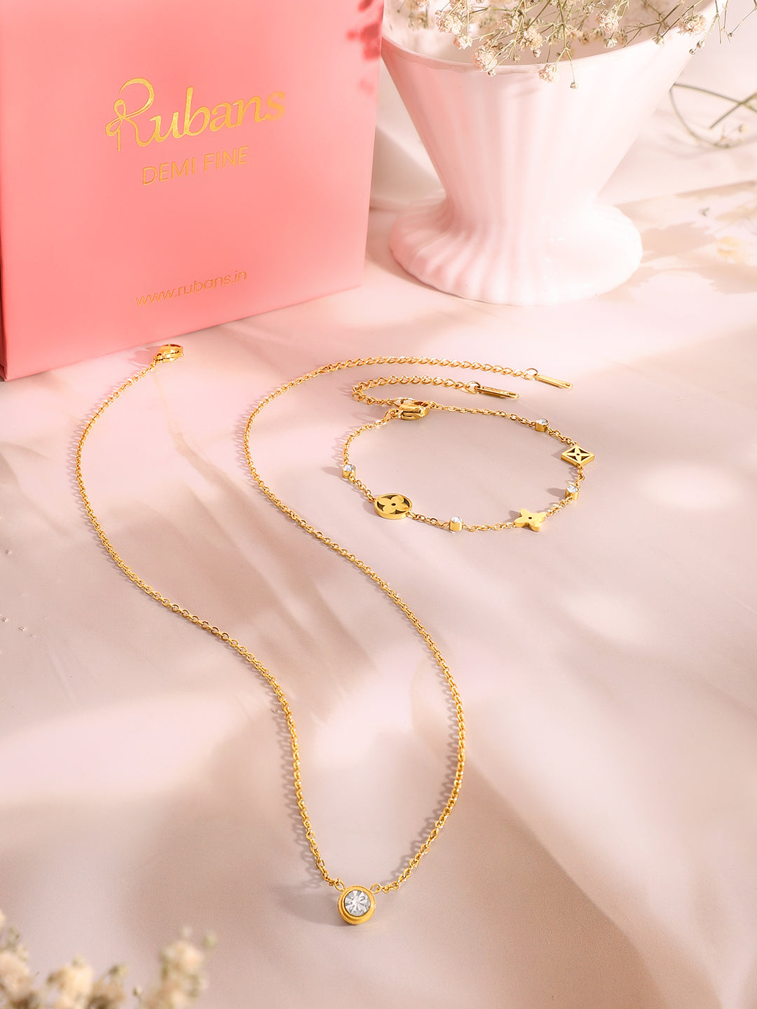 Demi Fine 18K Gold Plated Stainless Steel Crystal Necklace & Bracelet Set