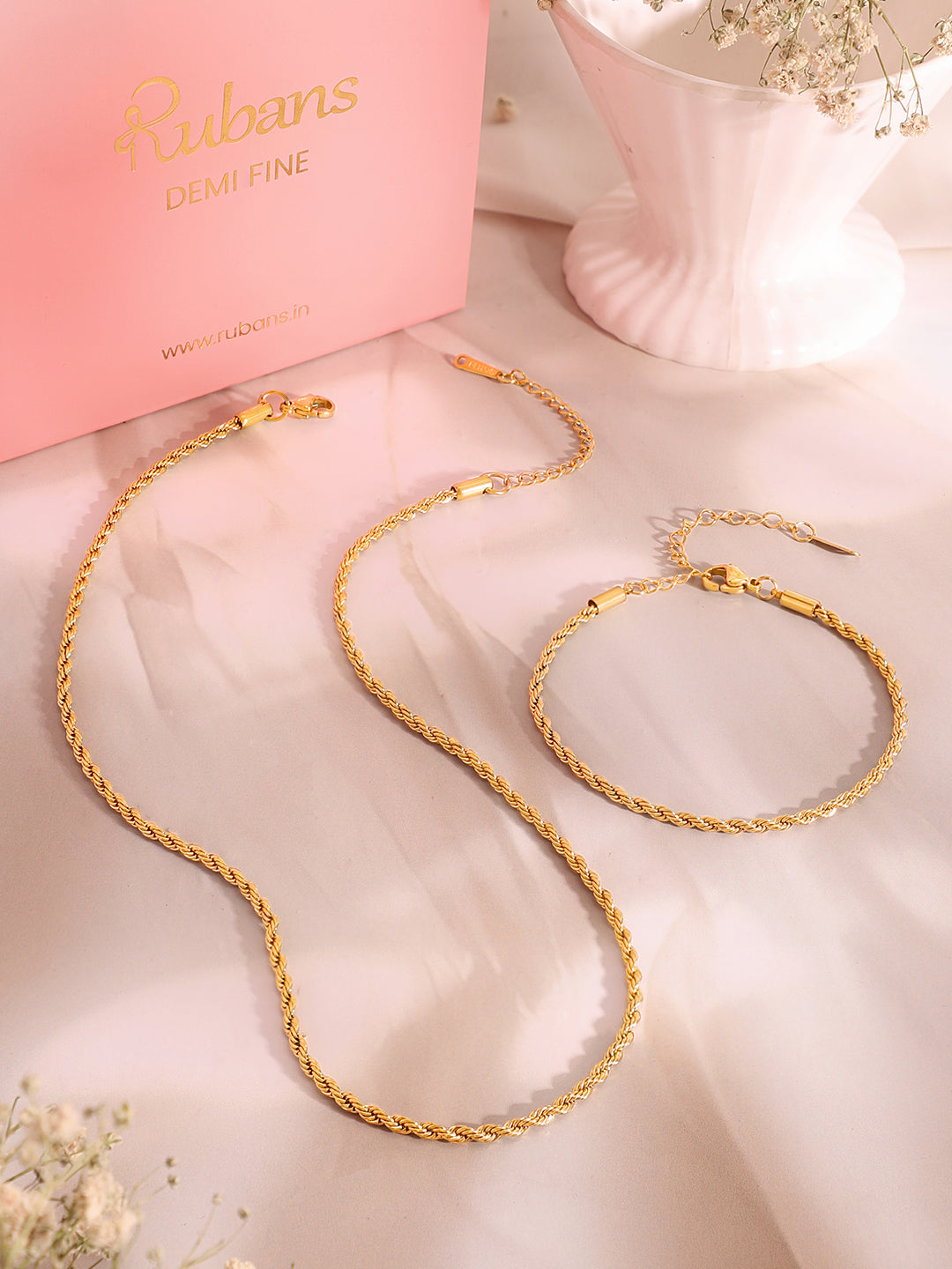 Demi Fine 18k Gold Plated Stainless Steel Twisted Rope Chain & Bracelet Set
