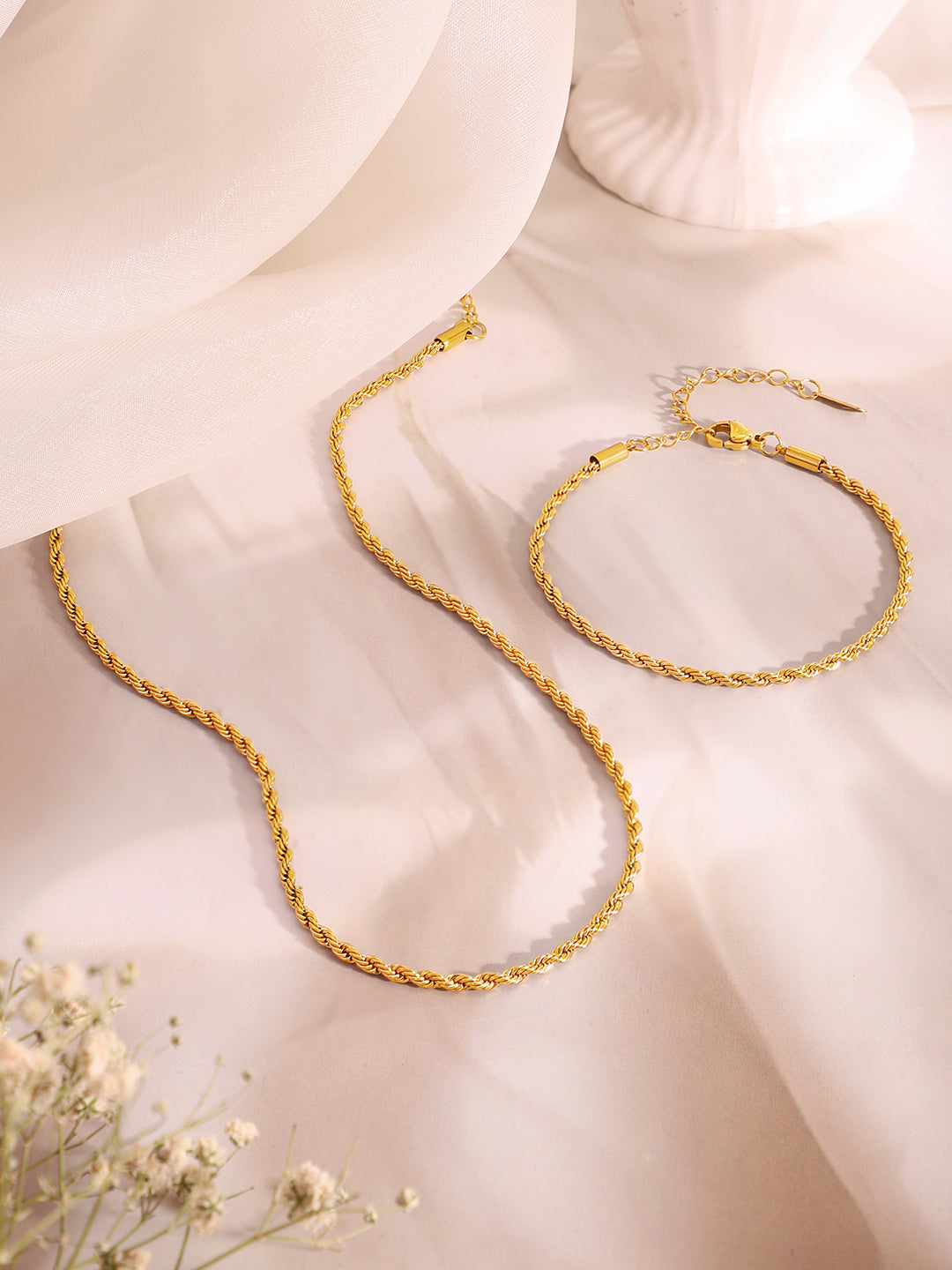 Demi Fine 18k Gold Plated Stainless Steel Twisted Rope Chain & Bracelet Set