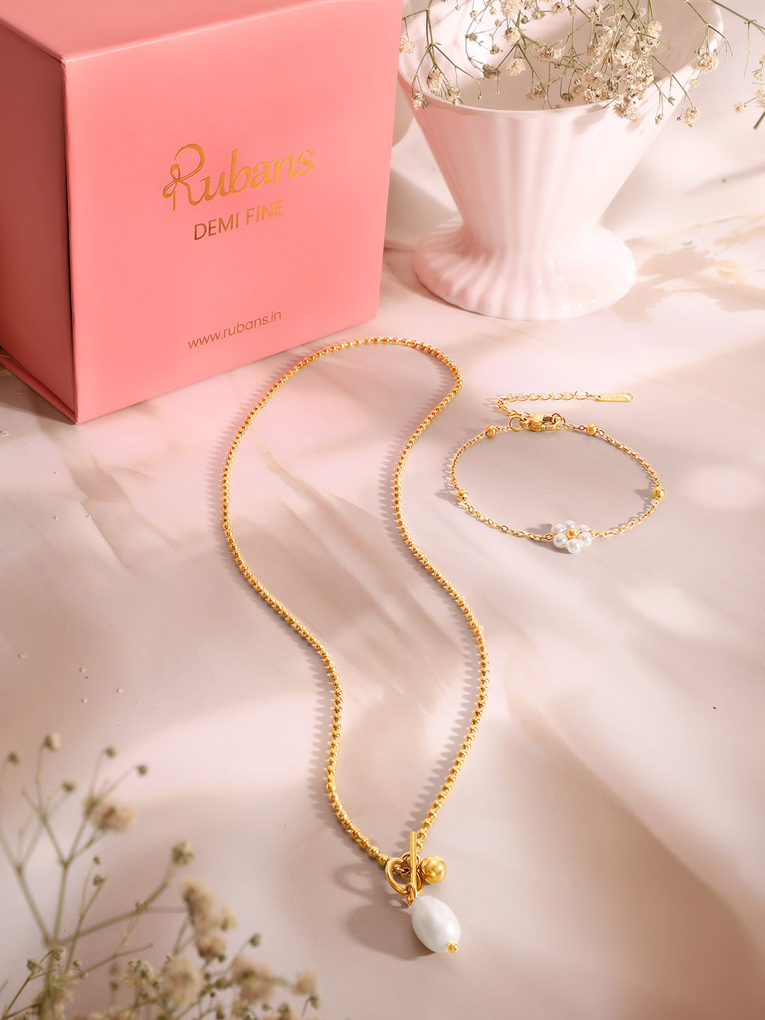 Demi Fine 18k Gold Plated Stainless Steel Pearl Necklace & Bracelet Set