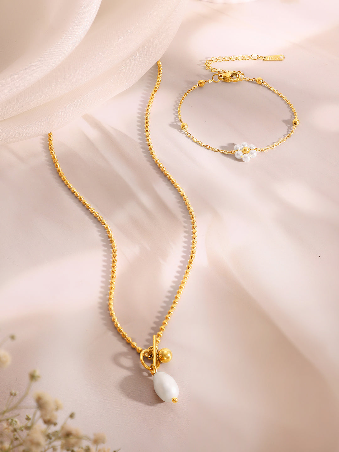 Demi Fine 18k Gold Plated Stainless Steel Pearl Necklace & Bracelet Set