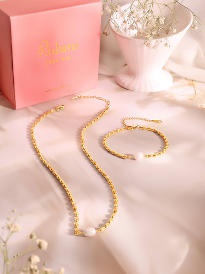Demi Fine 18k Gold Plated Stainless Steel Beaded Pearl Necklace & Bracelet Set