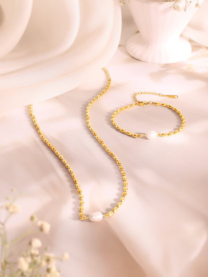 Demi Fine 18k Gold Plated Stainless Steel Beaded Pearl Necklace & Bracelet Set