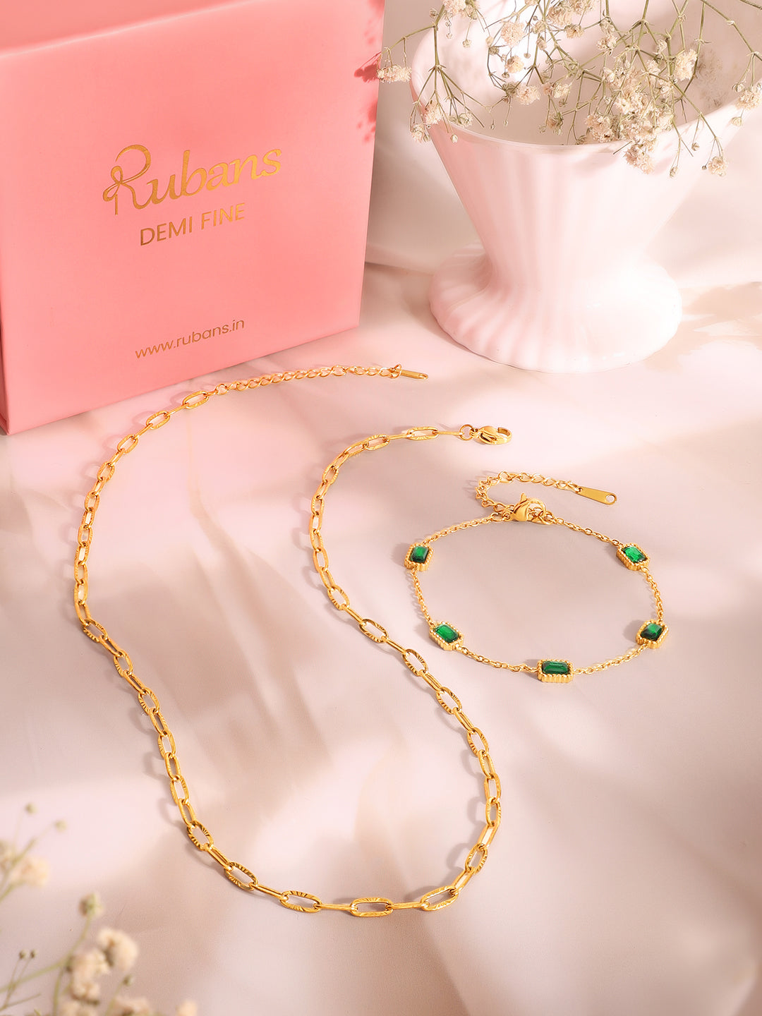Demi Fine 18k Gold Plated Stainless Steel Paperclip Necklace With Emerald Crystal Bracelet Set