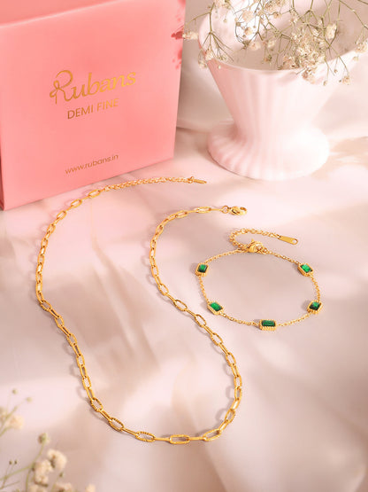Demi Fine 18k Gold Plated Stainless Steel Paperclip Necklace With Emerald Crystal Bracelet Set