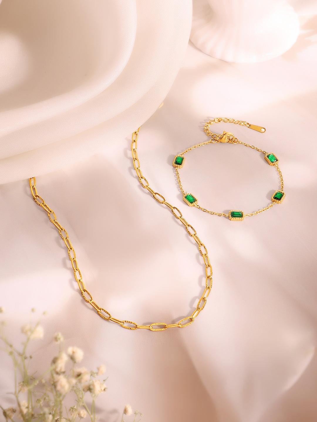 Demi Fine 18k Gold Plated Stainless Steel Paperclip Necklace With Emerald Crystal Bracelet Set
