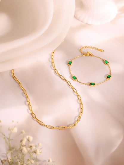 Demi Fine 18k Gold Plated Stainless Steel Paperclip Necklace With Emerald Crystal Bracelet Set