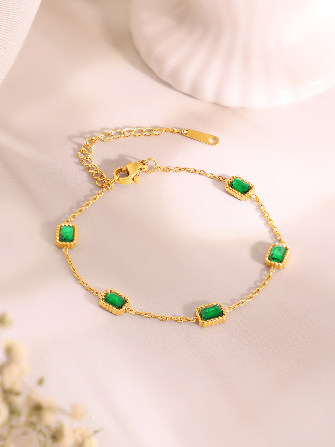 Demi Fine 18k Gold Plated Stainless Steel Paperclip Necklace With Emerald Crystal Bracelet Set