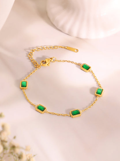 Demi Fine 18k Gold Plated Stainless Steel Paperclip Necklace With Emerald Crystal Bracelet Set