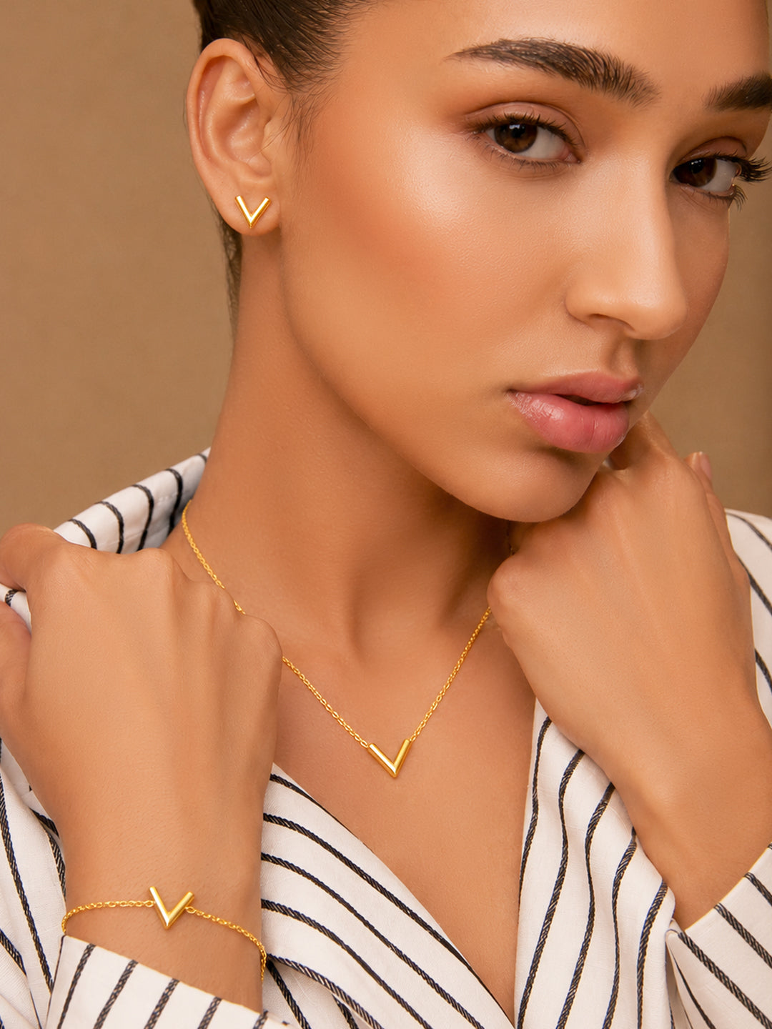 Demi Fine 18k Gold Plated Stainless Steel V Design Combo Set