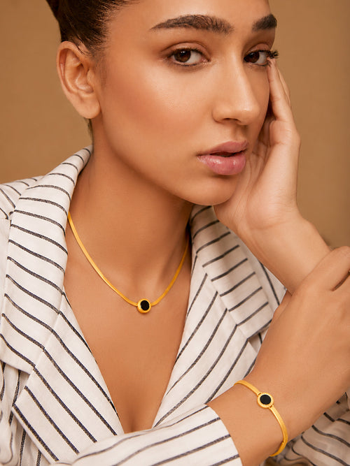 Demi Fine 18k Gold Plated Stainless Steel Black Enamel Necklace & Bracelet Set