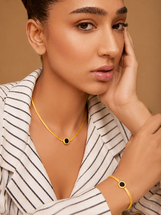 Demi Fine 18k Gold Plated Stainless Steel Black Enamel Necklace & Bracelet Set