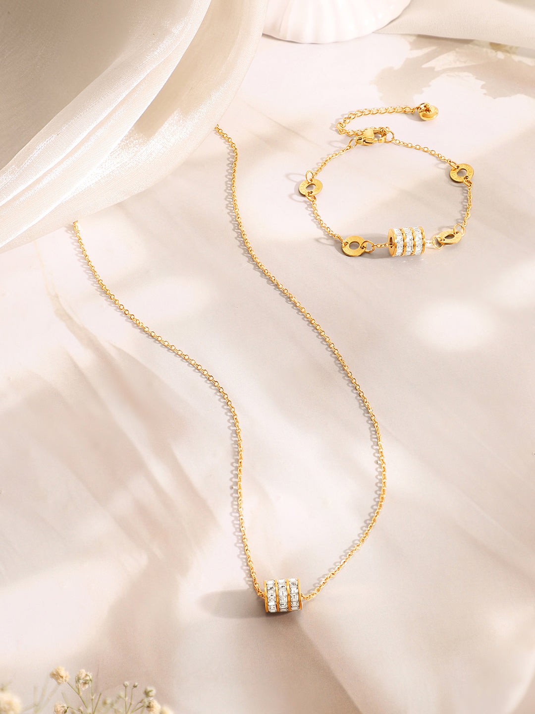 Demi Fine 18k Gold Plated Stainless Steel Coin Charm Bracelet Paired With Crystal Necklace Set