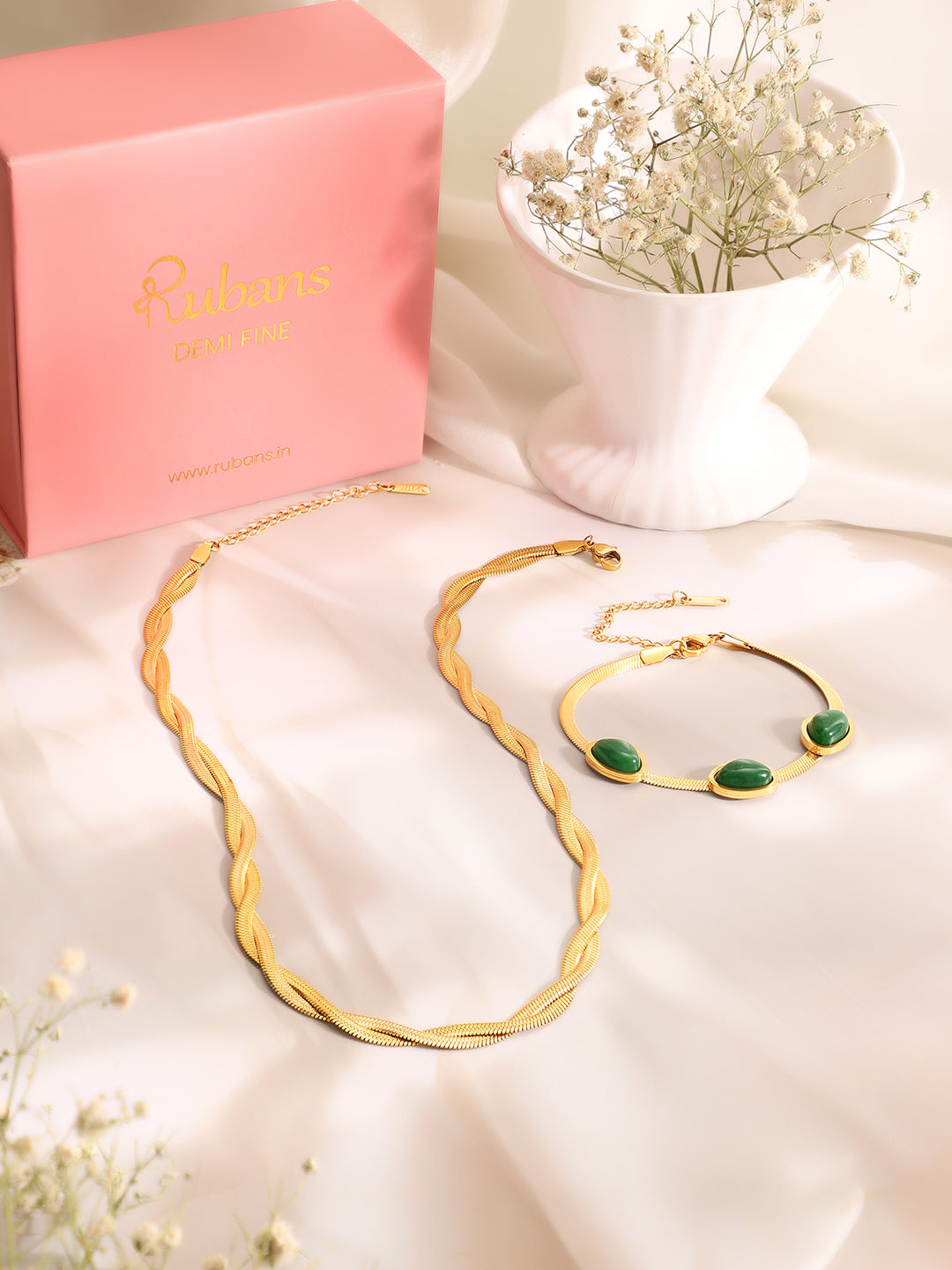 Demi Fine 18k Gold Toned Stainless Steel Snake Design Necklace With Emerald Green Statement Bracelet Set