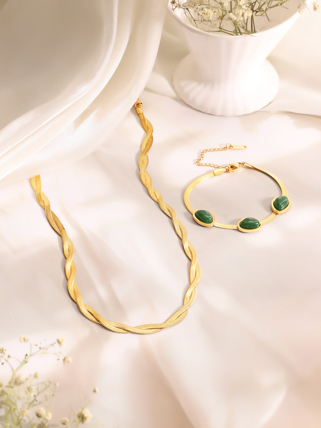 Demi Fine 18k Gold Toned Stainless Steel Snake Design Necklace With Emerald Green Statement Bracelet Set