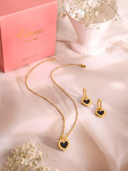 Demi Fine 18k Gold Plated Stainless Steel Reversible Black Heart Pendant Necklace Set