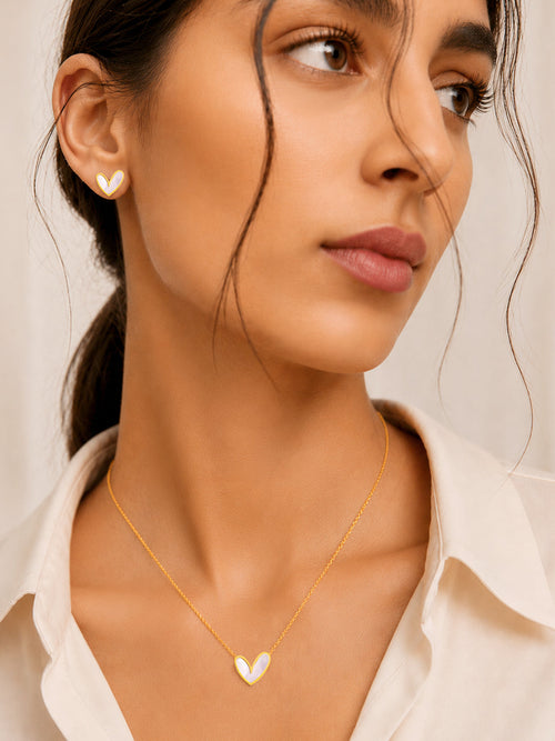 Demi Fine 18k Gold Plated Stainless Steel White Heart Pendant Set