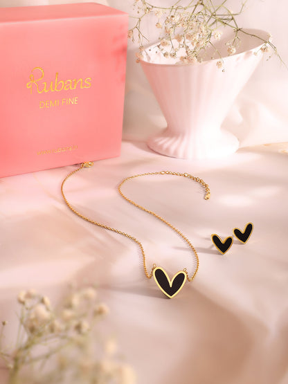 Demi Fine 18K Gold Plated Stainless Steel Black Heart Pendant Set