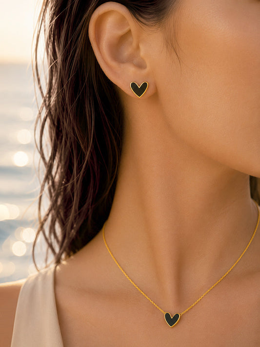 Demi Fine 18K Gold Plated Stainless Steel Black Heart Pendant Set