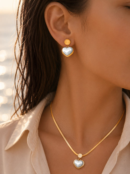 Demi Fine 18K Gold Plated Stainless Steel Pearl Heart Pendant Necklace Set