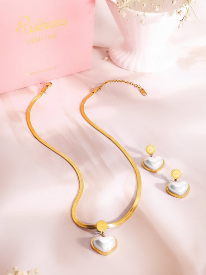 Demi Fine 18K Gold Plated Stainless Steel Pearl Heart Pendant Necklace Set