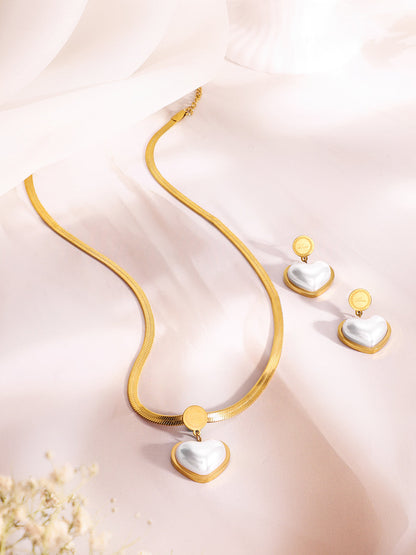 Demi Fine 18K Gold Plated Stainless Steel Pearl Heart Pendant Necklace Set