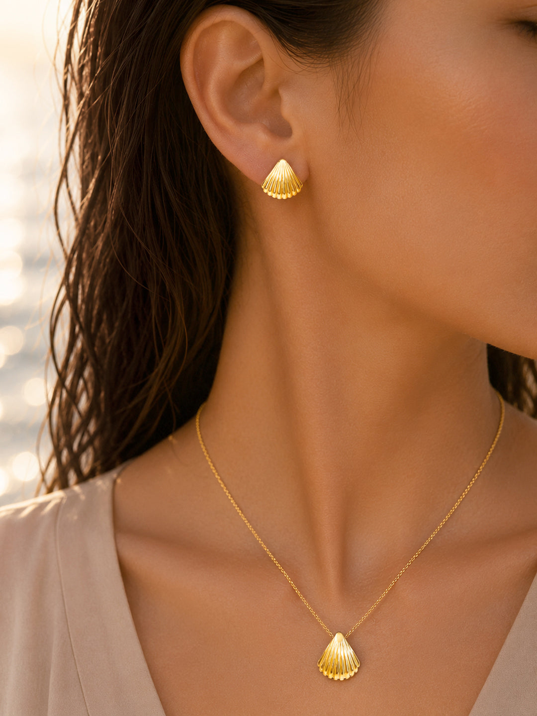Demi Fine 18K Gold Plated Stainless Steel Shell Drop Pendant Set