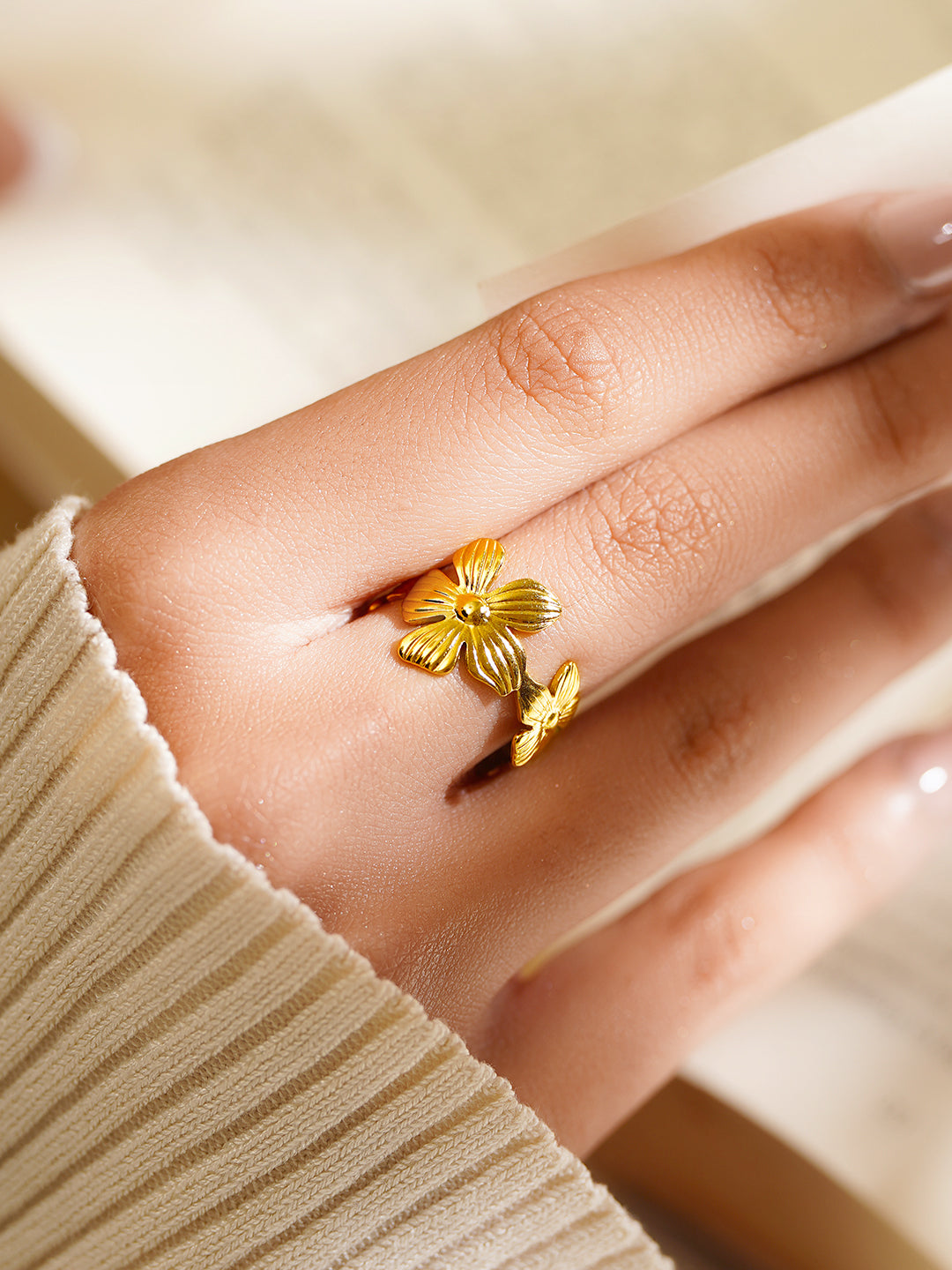 Demi Fine 18K Gold Plated Stainless Steel Mini Floral Charm Open Ring