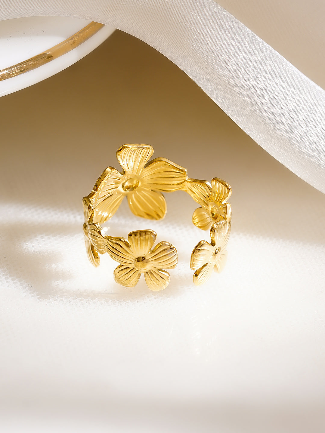 Demi Fine 18K Gold Plated Stainless Steel Mini Floral Charm Open Ring