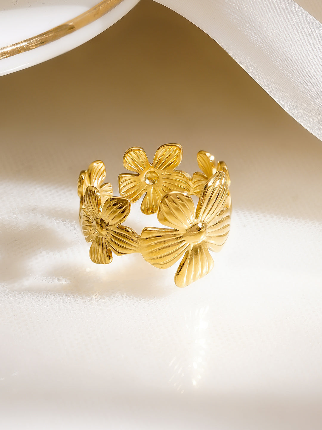 Demi Fine 18K Gold Plated Stainless Steel Mini Floral Charm Open Ring