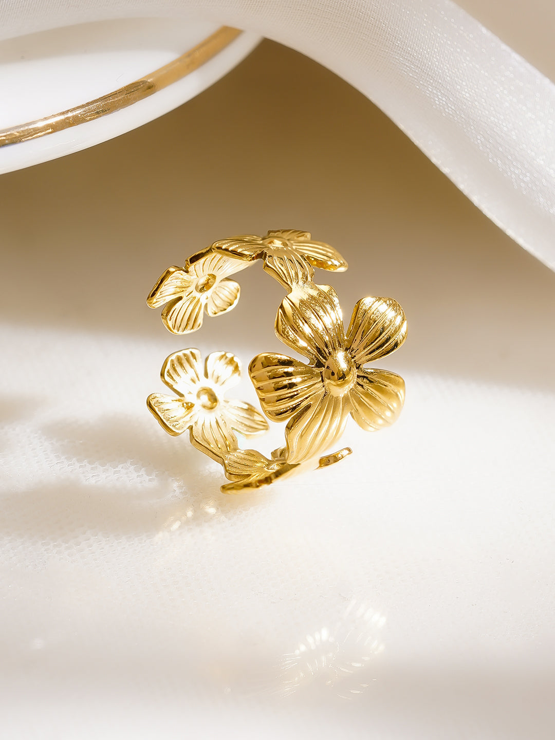 Demi Fine 18K Gold Plated Stainless Steel Mini Floral Charm Open Ring