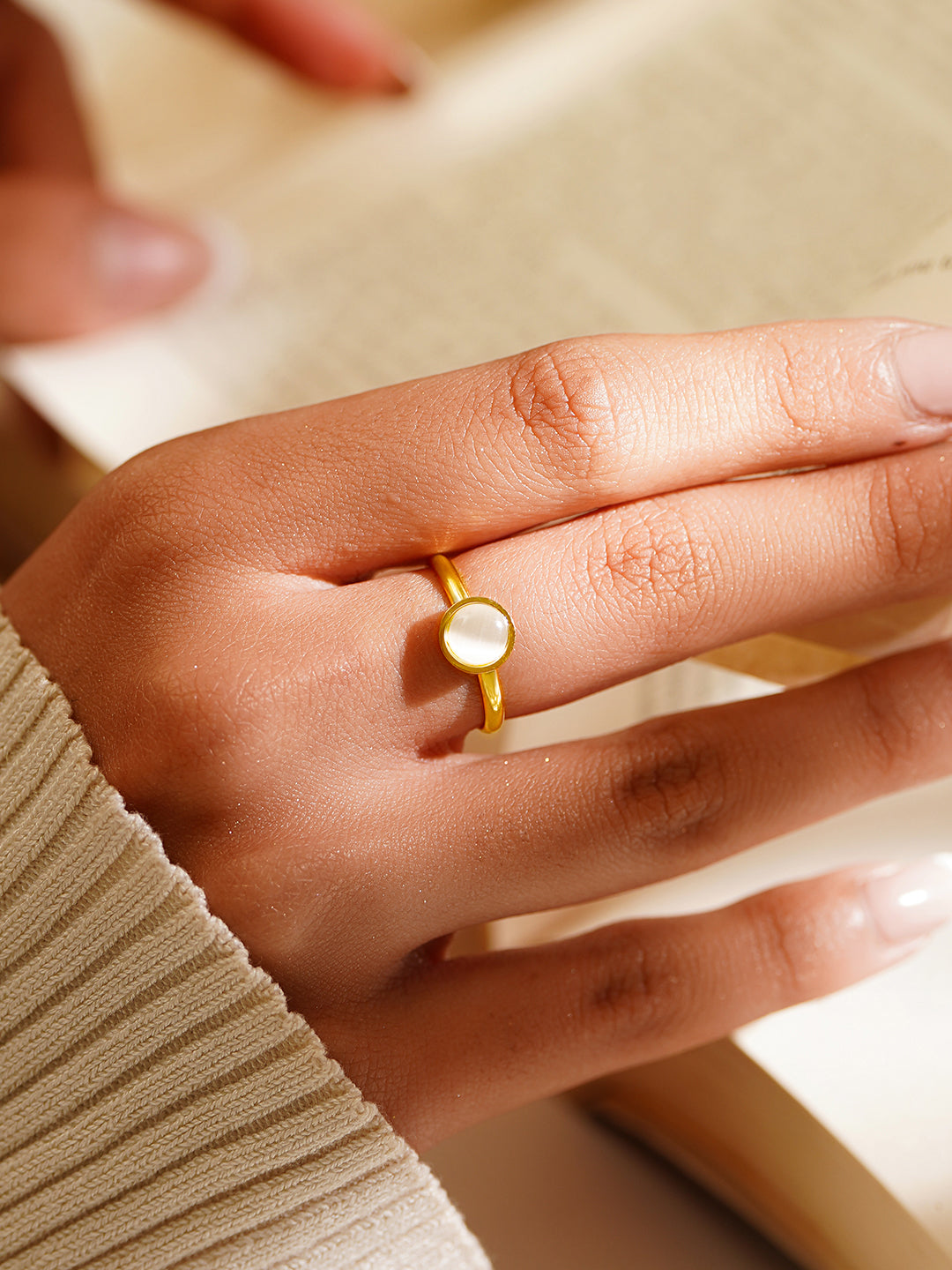 Demi Fine 18K Gold Plated Stainless Steel Mother of Pearl Open Ring