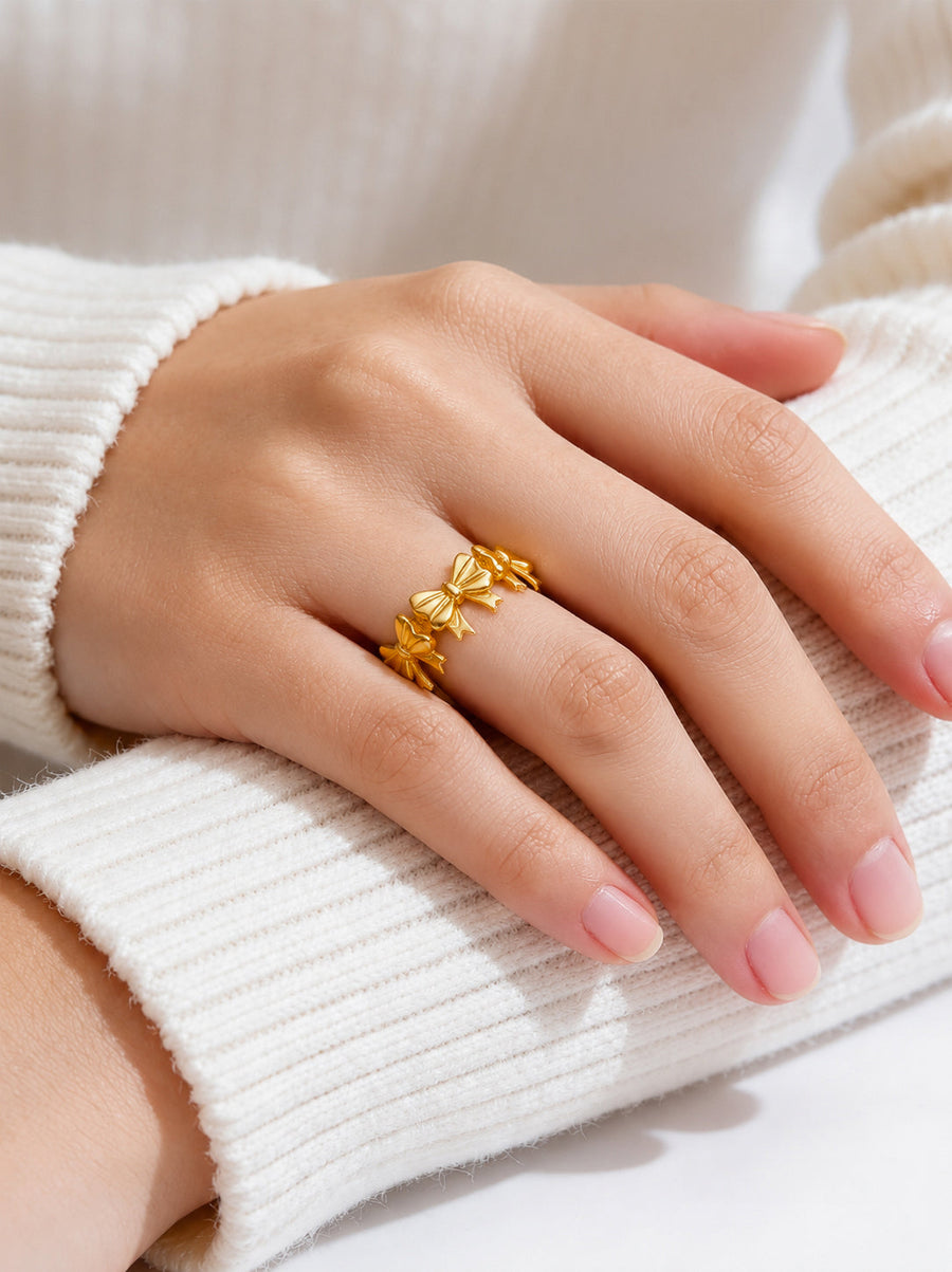 Demi Fine 18K Gold Plated Stainless steel Multi Bow Charm Adjustable Ring