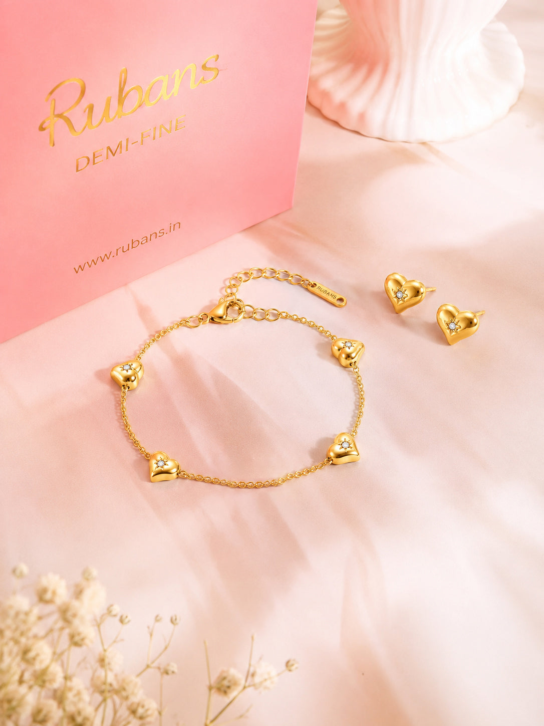 Demi Fine 18k Gold Plated Stainless Steel Heart Charm Bracelet & Stud Earrings