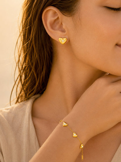 Demi Fine 18k Gold Plated Stainless Steel Heart Charm Bracelet & Stud Earrings