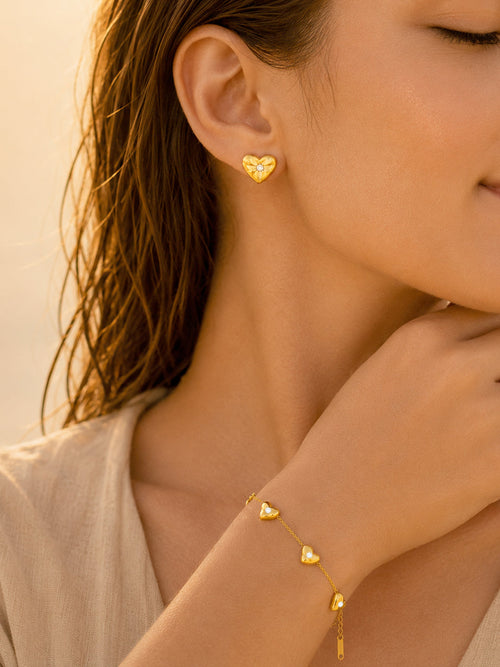 Demi Fine 18k Gold Plated Stainless Steel Heart Charm Bracelet & Stud Earrings