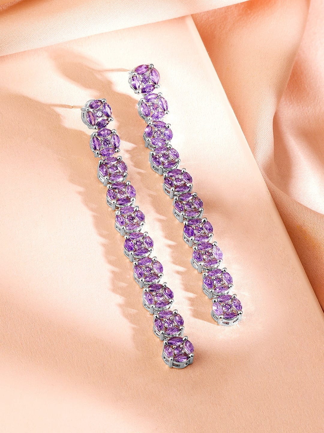 Rhodium-Plated Lavender Cubic Zirconia Studded Drop Earrings