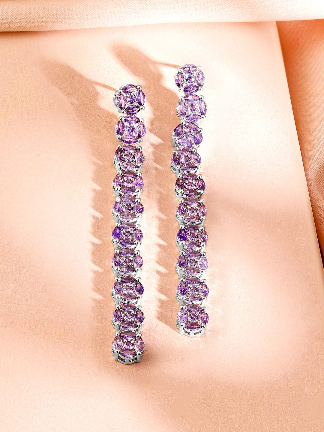Rhodium-Plated Lavender Cubic Zirconia Studded Drop Earrings