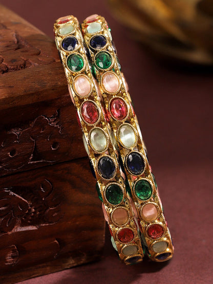 Rubans Set of 2 18K Gold-Plated Multi-Coloured Oval Stone Studded Designer Bangles