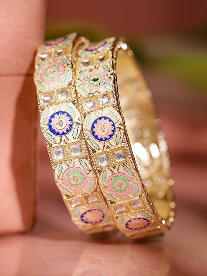Rubans Set of 2 18K Gold-Plated Multicolor Enamel & Kundan Stone-Studed Handcrafted Bangle