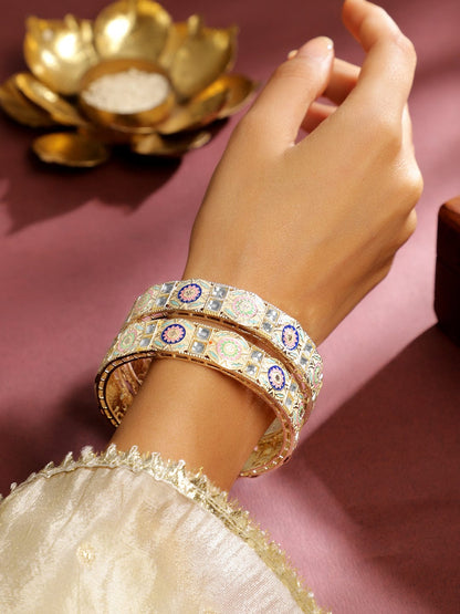 Rubans Set of 2 18K Gold-Plated Multicolor Enamel & Kundan Stone-Studed Handcrafted Bangle