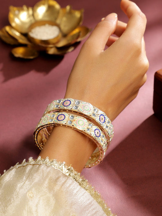 Rubans Set of 2 18K Gold-Plated Multicolor Enamel & Kundan Stone-Studed Handcrafted Bangle